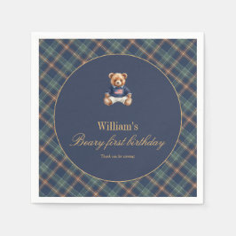 Guardanapo De Papel Beary First Navy Plaid Teddy Bear Boy Birthday 