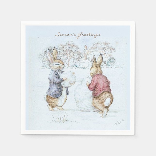 Guardanapo De Papel Beatrix Potter Snowman e Bunnies Holiday (Frente)