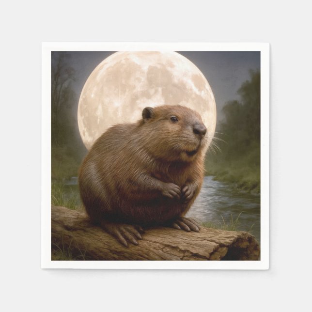 Guardanapo De Papel Beaver On a Log With Full Moon (Frente)