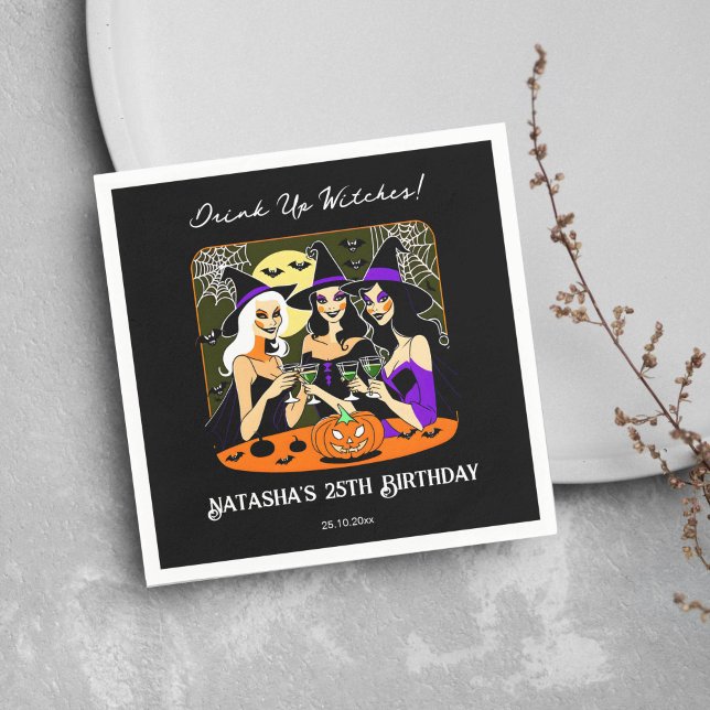 Guardanapo De Papel Beba bruxas adultas festa de aniversário do Dia da (Halloween adult birthday party tableware personalized napkins pretty witches sipping cocktails black)
