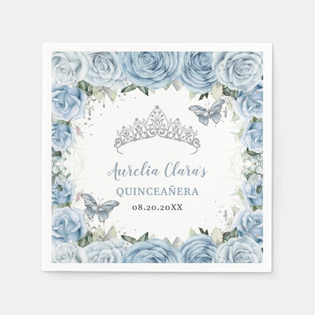 Guardanapo De Papel Bebê Azul Borboletas Florais Tiara QUINCEAÑERA (Frente)