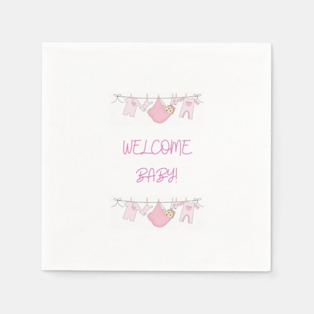 Guardanapo De Papel Bebê Bem-Vindo Rosa Fofa Chuveiro de Bebê Simples (Frente)