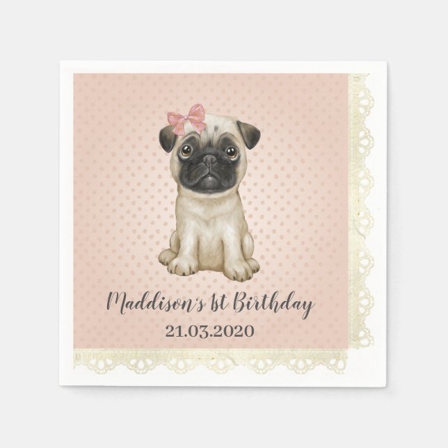 Guardanapo De Papel Bebê bonito Pug Birthday Napkins (Frente)