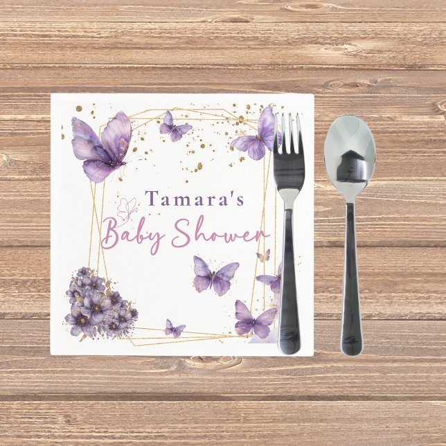 Guardanapo De Papel Bebê Borboleta Festa Dourada Roxa (Criador carregado)