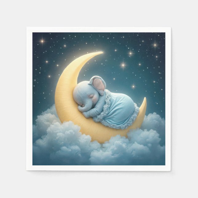 Guardanapo De Papel Bebê Elefante Azul Dormindo em uma Lua Crescente (Frente)