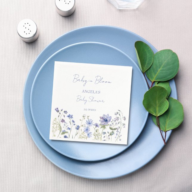 Guardanapo De Papel Bebê em flor chá de fraldas azul empoeirado de flo (Baby in bloom delicate dusty blue Wildflower baby shower monogram printed Napkins personalized decor)