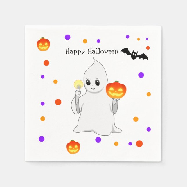 Guardanapo De Papel Bebê Fantasma e Abóboras de Halloween Fofo em Bran (Frente)
