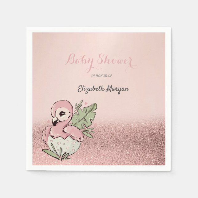 Guardanapo De Papel Bebê Flamingo Fofo Brilho em Rosa Dourado  (Frente)