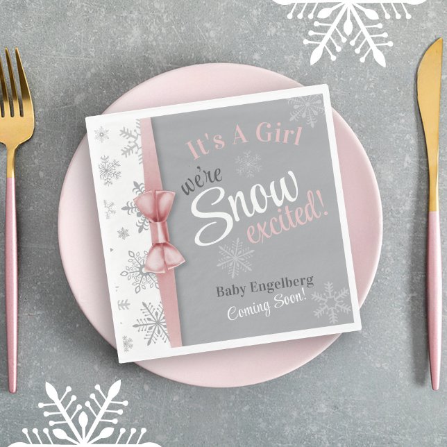 Guardanapo De Papel Bebê Menina Rosa Somos Chá de Floco de Neve Animad (It's A Girl, We're SNOW excited, Baby Name coming soon winter wonderland baby shower luncheon napkin)
