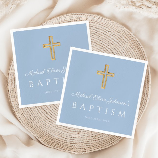 Guardanapo De Papel Bebê moderno Blue Religião Batismo (Modern Baby Blue Religious Cross Boy Baptism Napkins)