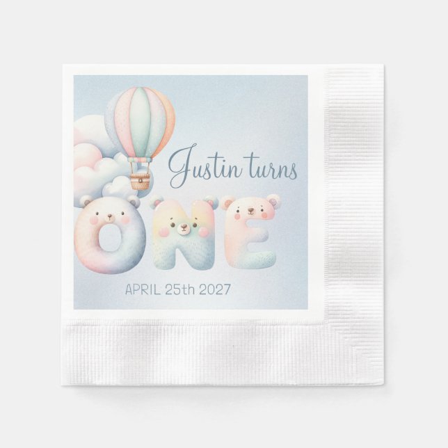 Guardanapo De Papel Bebê primeiro aniversario teddybear balão de ar qu (Frente)