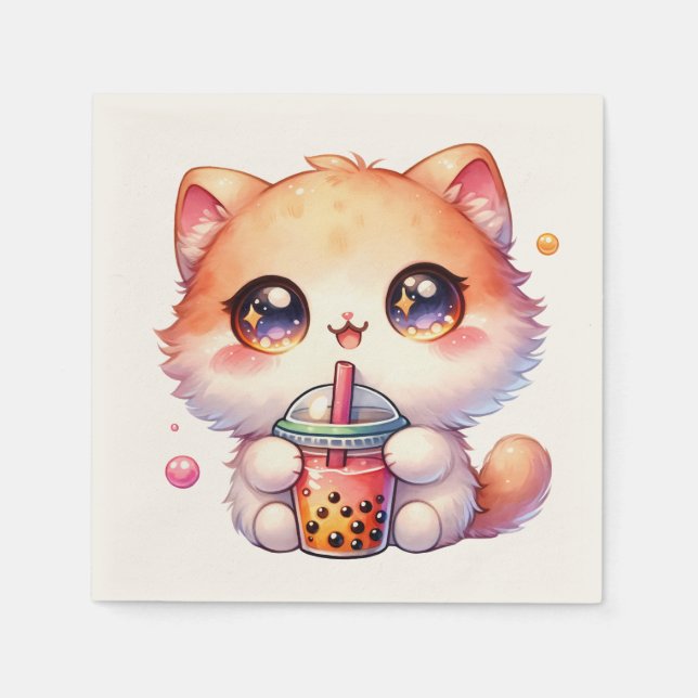 Guardanapo De Papel Bebendo de gato Boba Cute Bubble Tea (Frente)