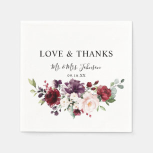 Guardanapo De Papel Beijo e Agradecimento Aquarela Rosa Floral Borgonh