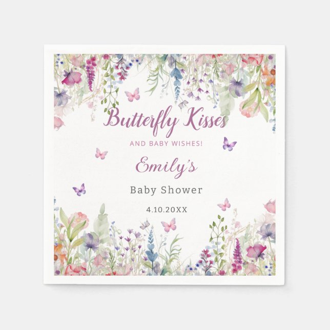 Guardanapo De Papel Beijos borboletas e bebês desejam Chá de fraldas (Frente)