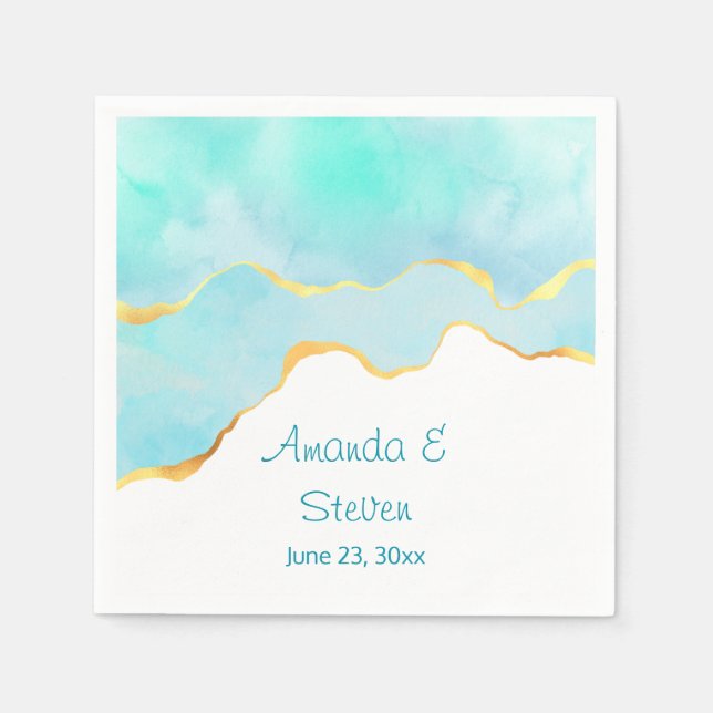 Guardanapo De Papel Belo azul verde tropical com borda Dourada (Frente)