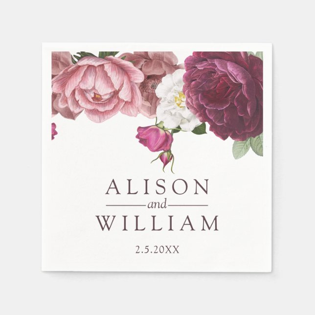 Guardanapo De Papel Belo Casamento de Borgonha Floral (Frente)