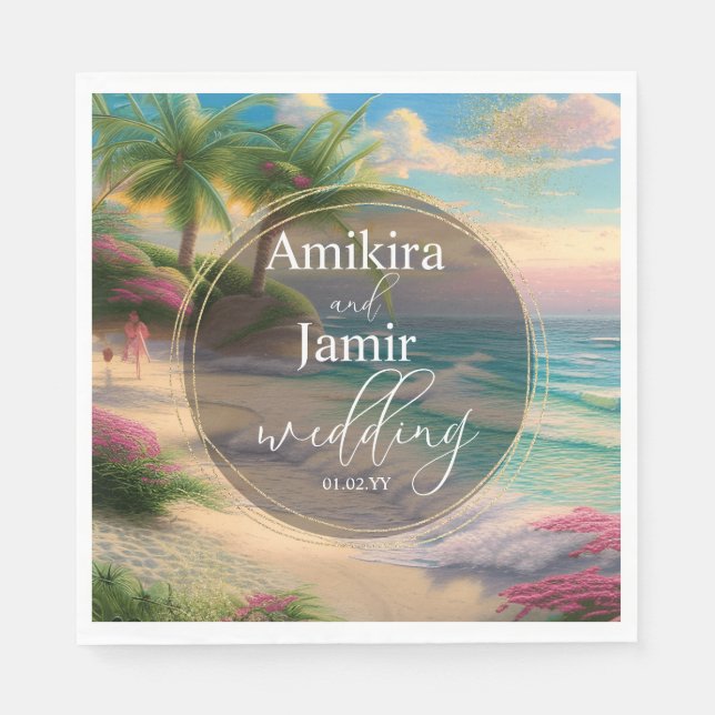 Guardanapo De Papel Belo Casamento De Fundo De Praia Faux Glitter (Frente)