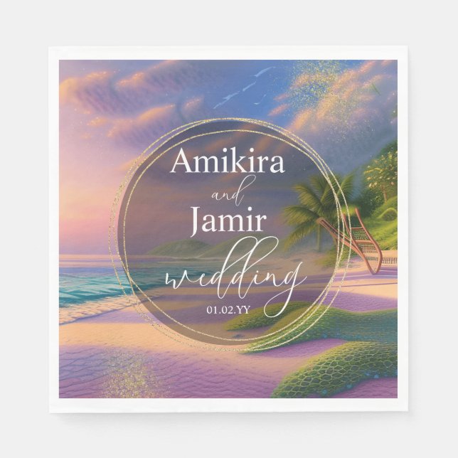 Guardanapo De Papel Belo Casamento Dourado De Fundo De Praia (Frente)