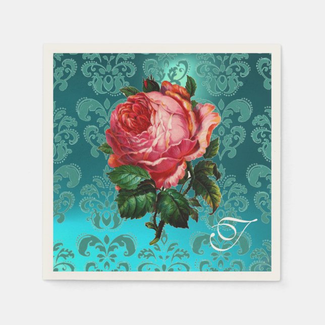 GUARDANAPO DE PAPEL BELO PINK ROSE,TEAL BLUE DAMASK MONOGRAMA (Frente)