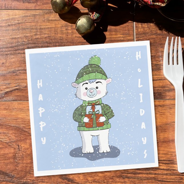 Guardanapo De Papel Belo Urso Polar Azul Papel de Natal Napkin (Whimsical polar bear blue Xmas party paper napkin .)