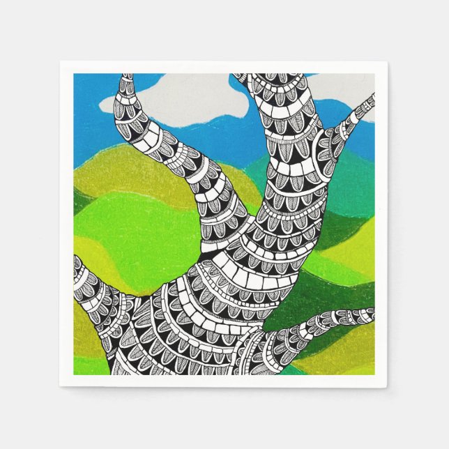 Guardanapo De Papel Bendy Tree Design Clouds Grassy Landscape (Frente)