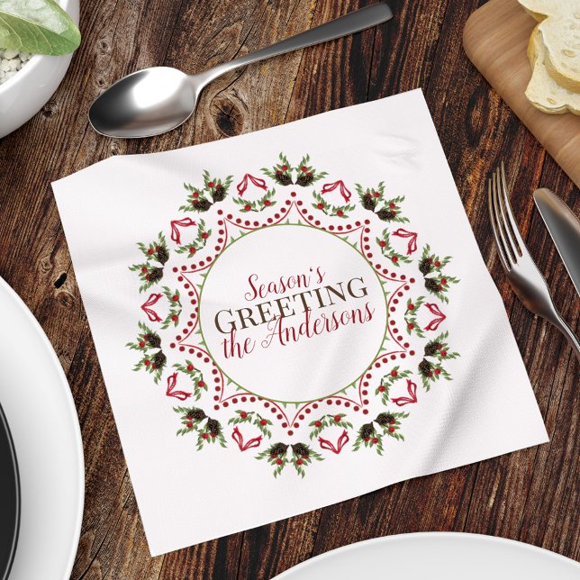 Guardanapo De Papel Berries Pinecone Holiday Mandala Natal Personaliza (Season's Greeting holiday red and green pinecones wreath mandala napkin)