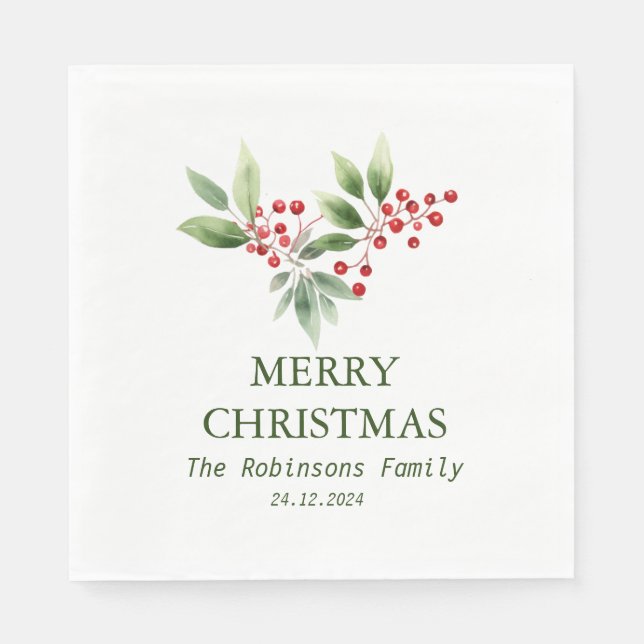 Guardanapo De Papel Berry Branch Watercolor de Natal (Frente)