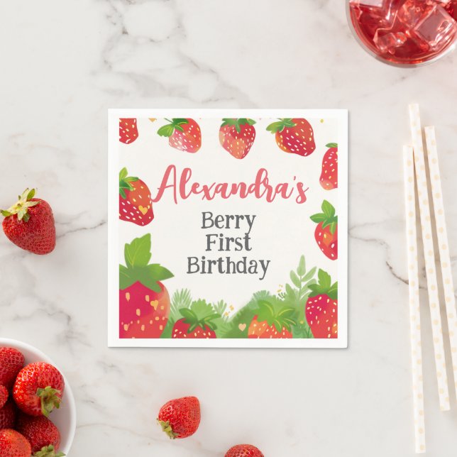 Guardanapo De Papel Berry First Birthday Girls Strawberry Personalizad (Insitu)