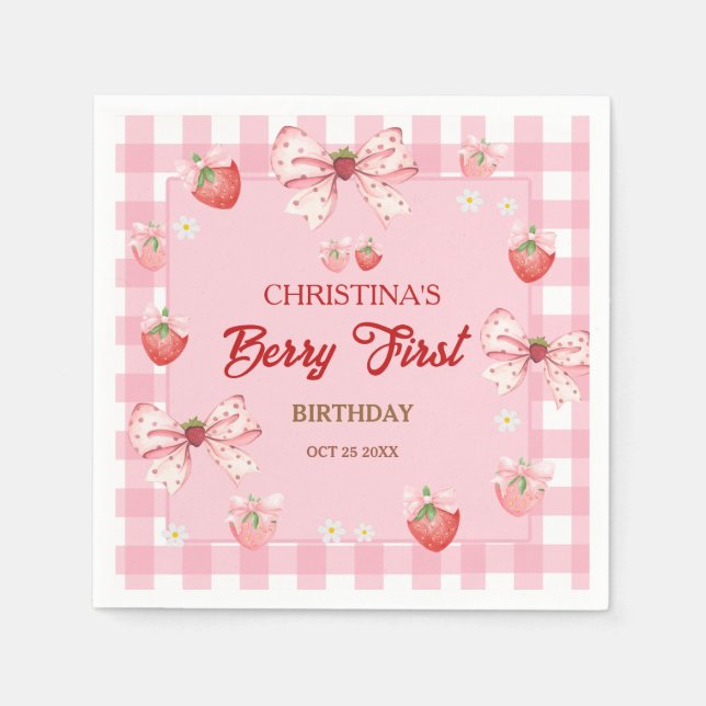 Guardanapo De Papel Berry first birthday pink strawberry gingham girl (Frente)
