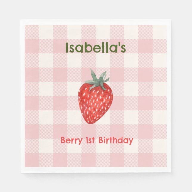Guardanapo De Papel Berry First Birthday Pink & Xadrez Party Napkins (Frente)