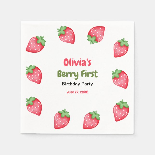 Guardanapo De Papel Berry First Birthday Strawberry primeiro aniversar (Frente)