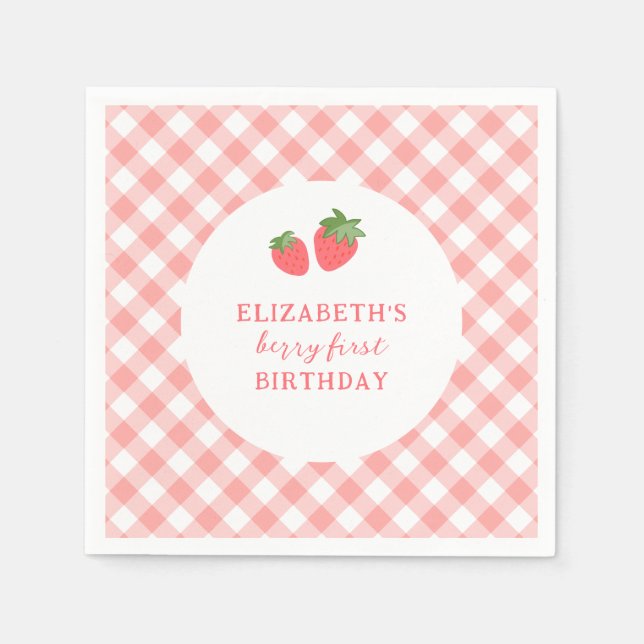 Guardanapo De Papel Berry First Pink Strawberry Gingham Birthday (Frente)