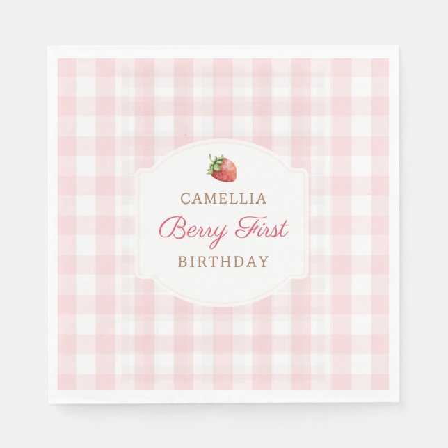 Guardanapo De Papel Berry First Strawberry Pink Gingham Birthday Party (Frente)