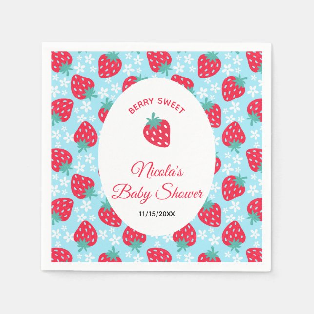 Guardanapo De Papel Berry Sweet Blue Strawberry Baby Shower (Frente)