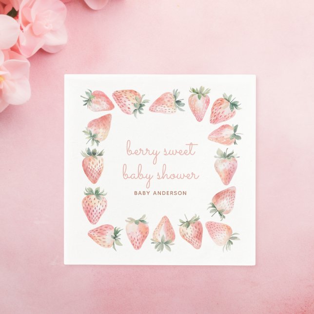 Guardanapo De Papel Berry Sweet Chá de fraldas Coquette Rosa Strawberr (watercolor strawberry pink coquette berry sweet baby shower napkin design)