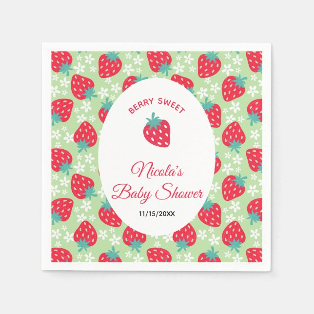 Guardanapo De Papel Berry Sweet Green Strawberry Baby Shower (Frente)