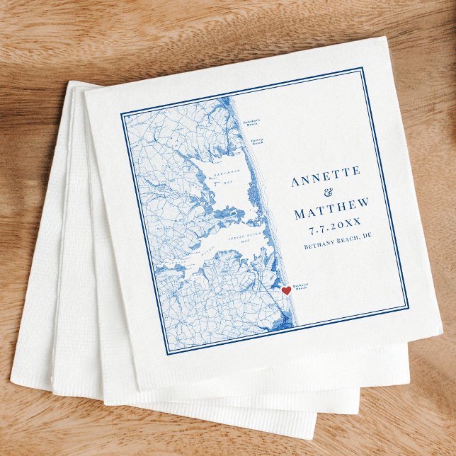 Guardanapo De Papel Bethany Beach Delaware Mapa Elegante Casamento de  (Bethany Beach Delaware Map Wedding Napkins in elegant navy blue from Coastal Map Designs)