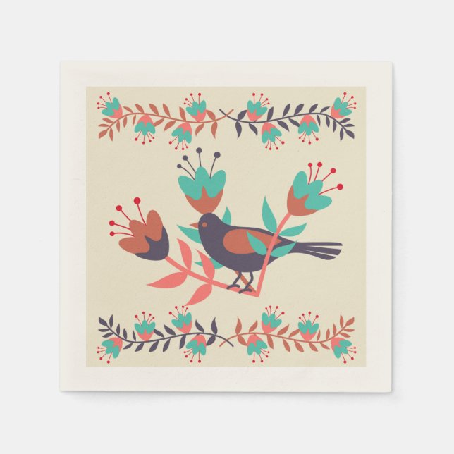 Guardanapo De Papel Bird e Floral Folk Art (Frente)
