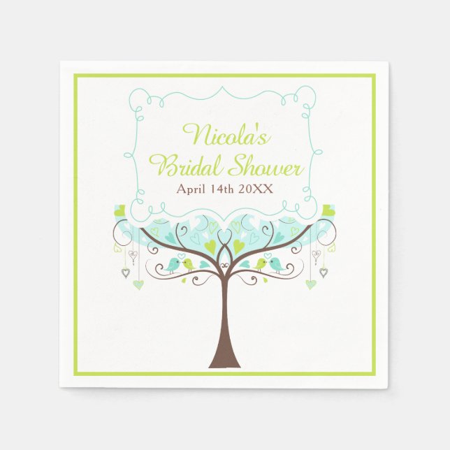 Guardanapo De Papel Birds Hearts Tree Blue and Green Bridal Shower (Frente)