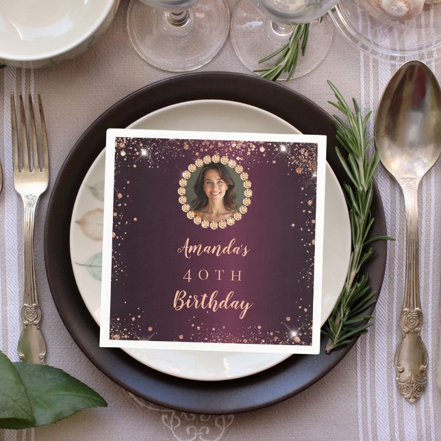 Guardanapo De Papel Birthday burgundy rose gold photo diamonds (Criador carregado)