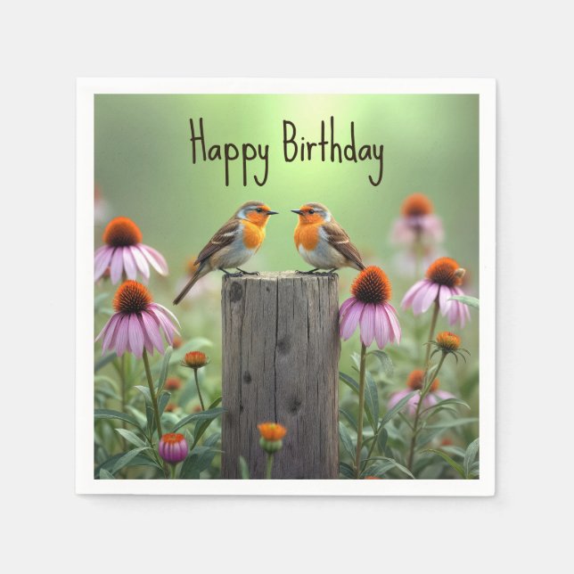 Guardanapo De Papel Birthday Songbirds On a Post With Coneflowers (Frente)