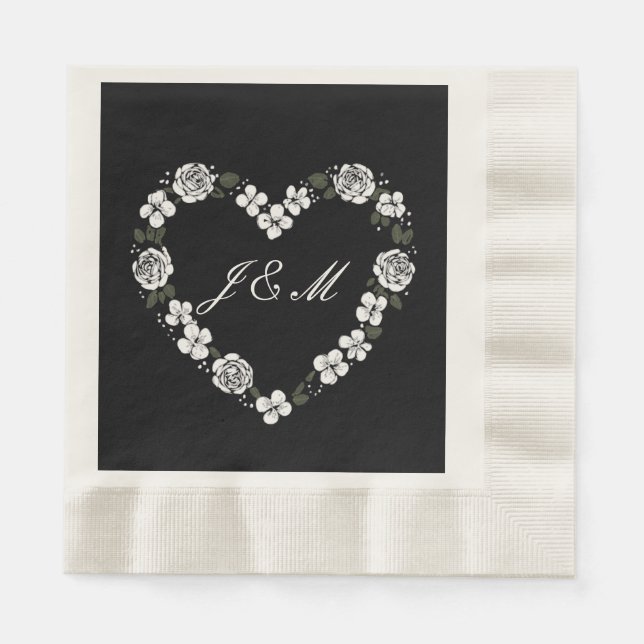 Guardanapo De Papel Black and White Floral Heart Wedding Napkins (Frente)