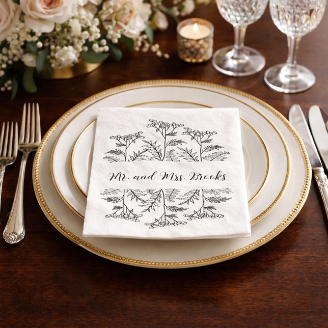 Guardanapo De Papel Black and White Floral Personalized Wedding Napkin (Criador carregado)