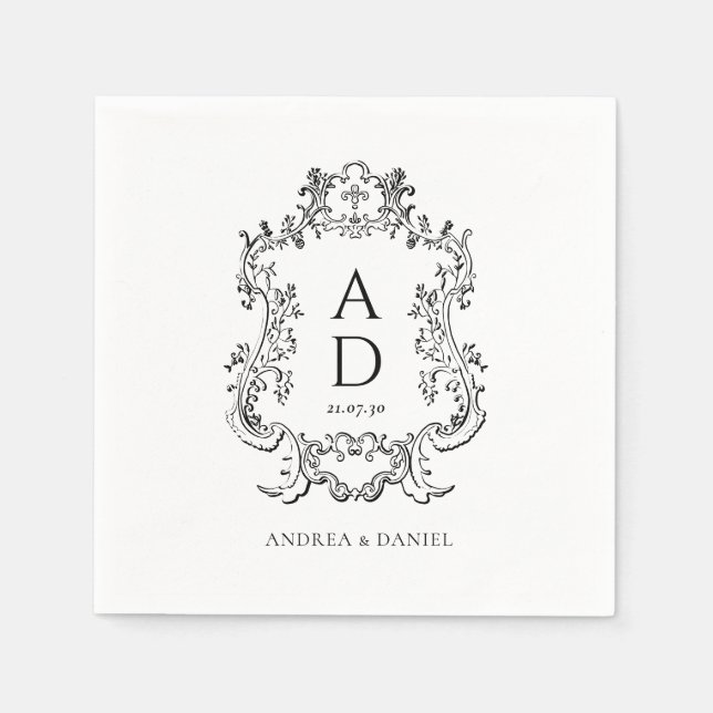 Guardanapo De Papel Black and White Floral Wedding Monogram  (Frente)