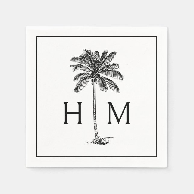 Guardanapo De Papel Black and White Palm Palmetto Tree Monogram (Frente)