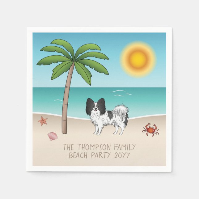 Guardanapo De Papel Black and White Papillon Dog Tropical Summer Beach (Frente)