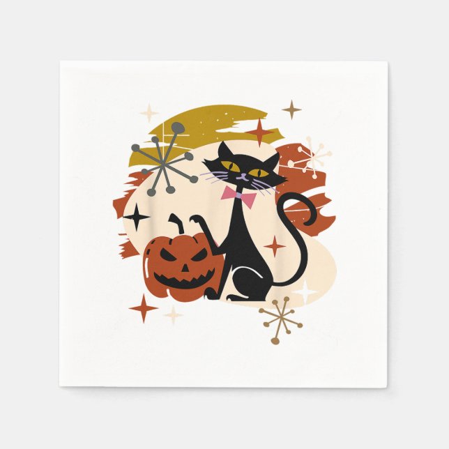 Guardanapo De Papel Black Cat and Pumpkin Atomic Retro Halloween (Frente)
