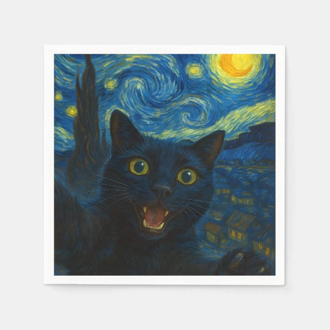 Guardanapo De Papel Black Cat Starry Night Van Gogh Cat Selfie (Frente)