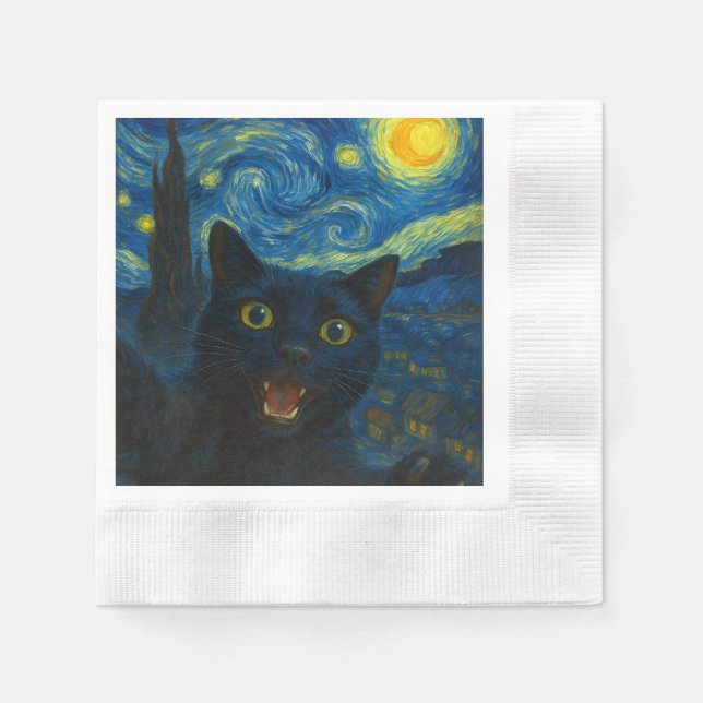 Guardanapo De Papel Black Cat Starry Night Van Gogh Cat Selfie (Frente)