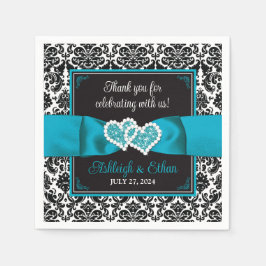 Guardanapo De Papel Black Damask, Turquoise Love Hearts Casamento